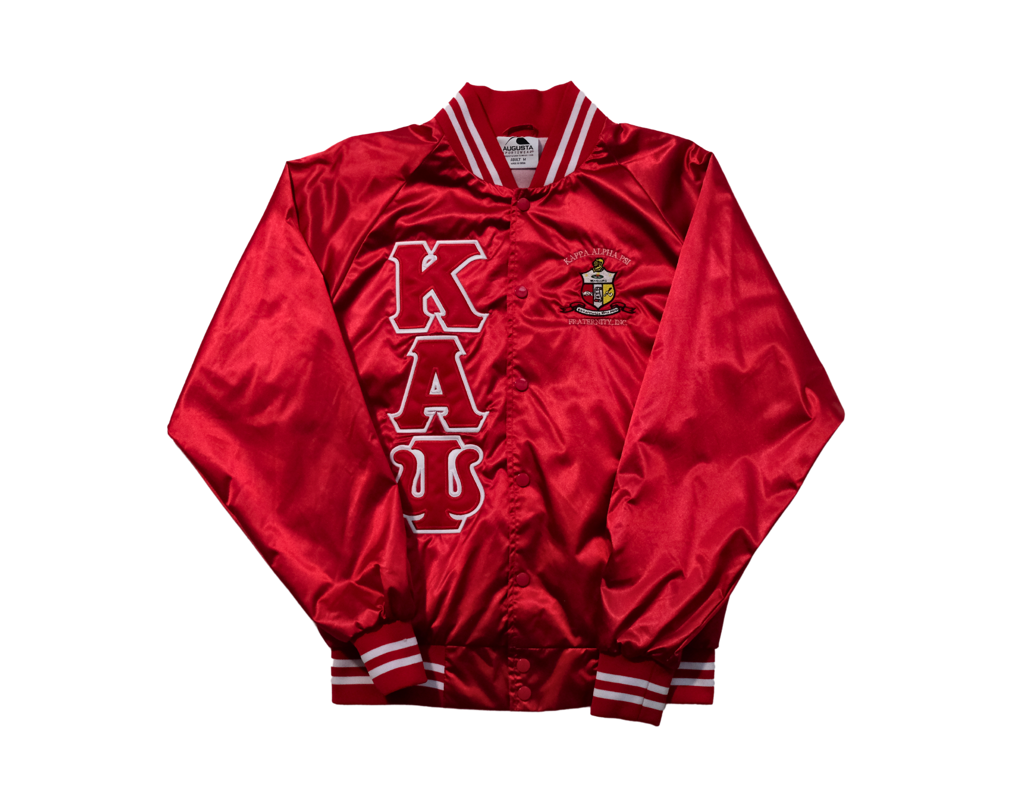 Kappa Alpha Psi - Red Satin Baseball Jacket w/ White Pin Stripes